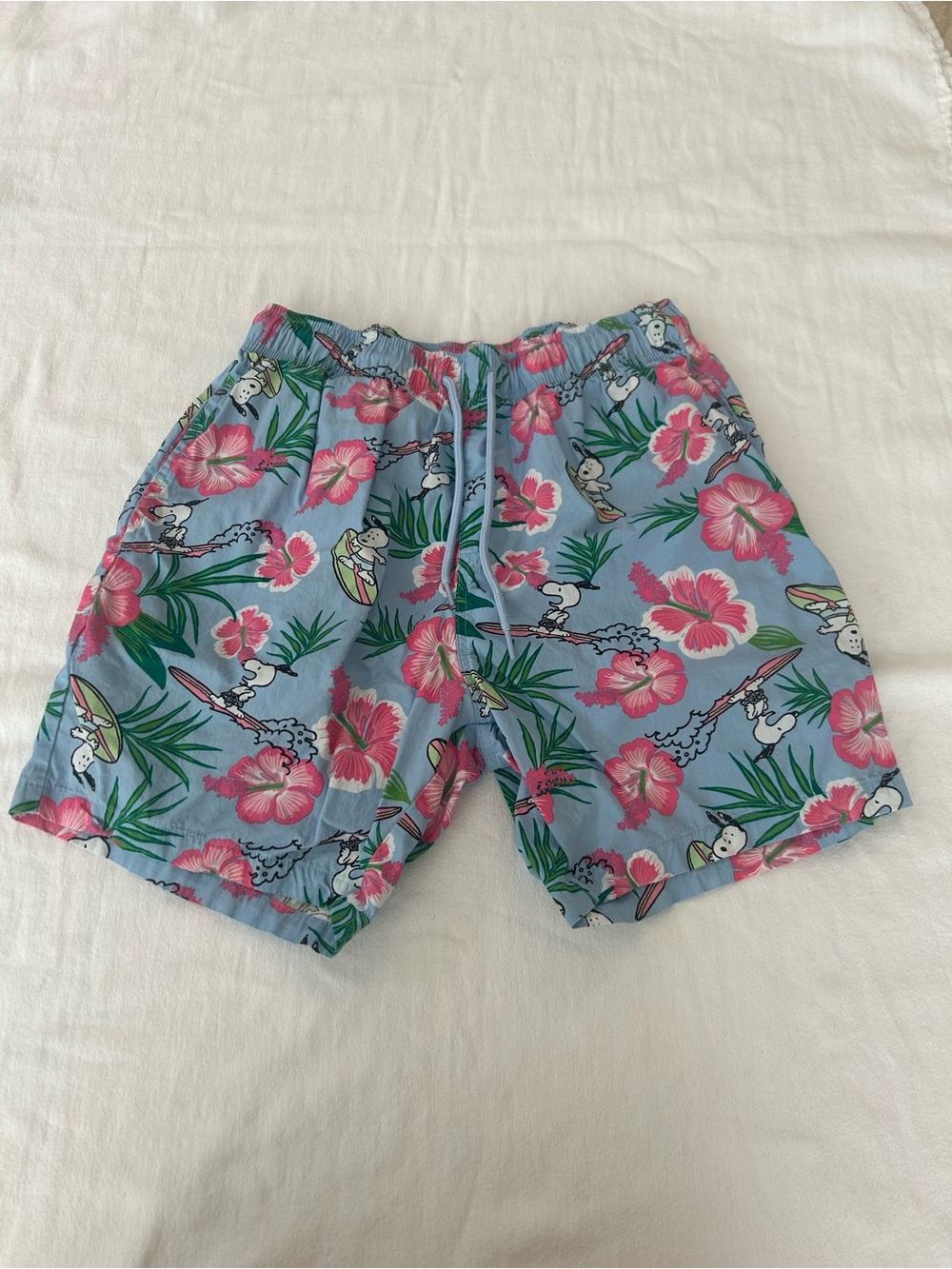 Peanuts Snoopy Hawaiian Surf Swim Trunks Shorts Blue Pink Small